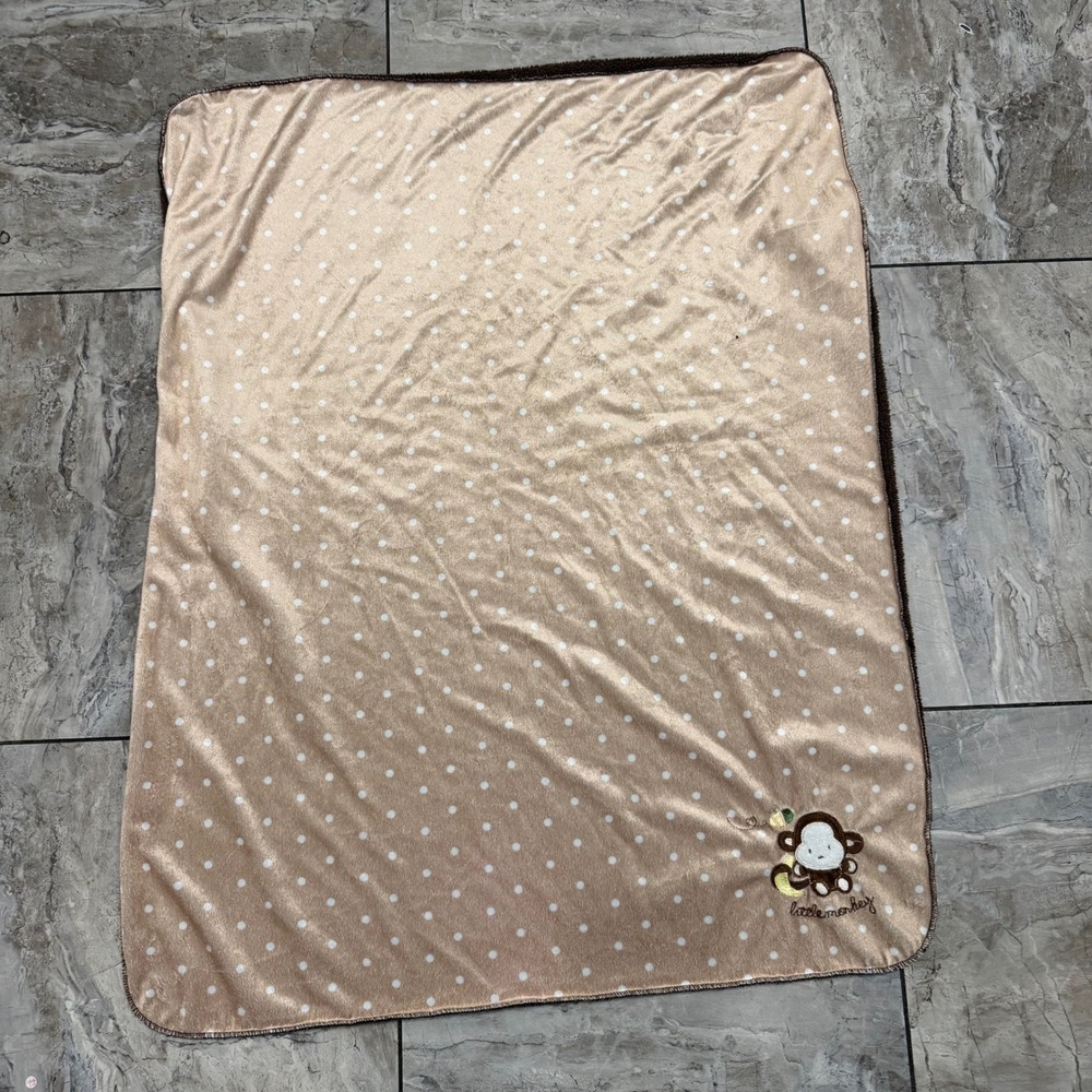 Little Monkey Polka Dot Baby Blanket Tan Brown Sherpa Fleece Reversible Plush